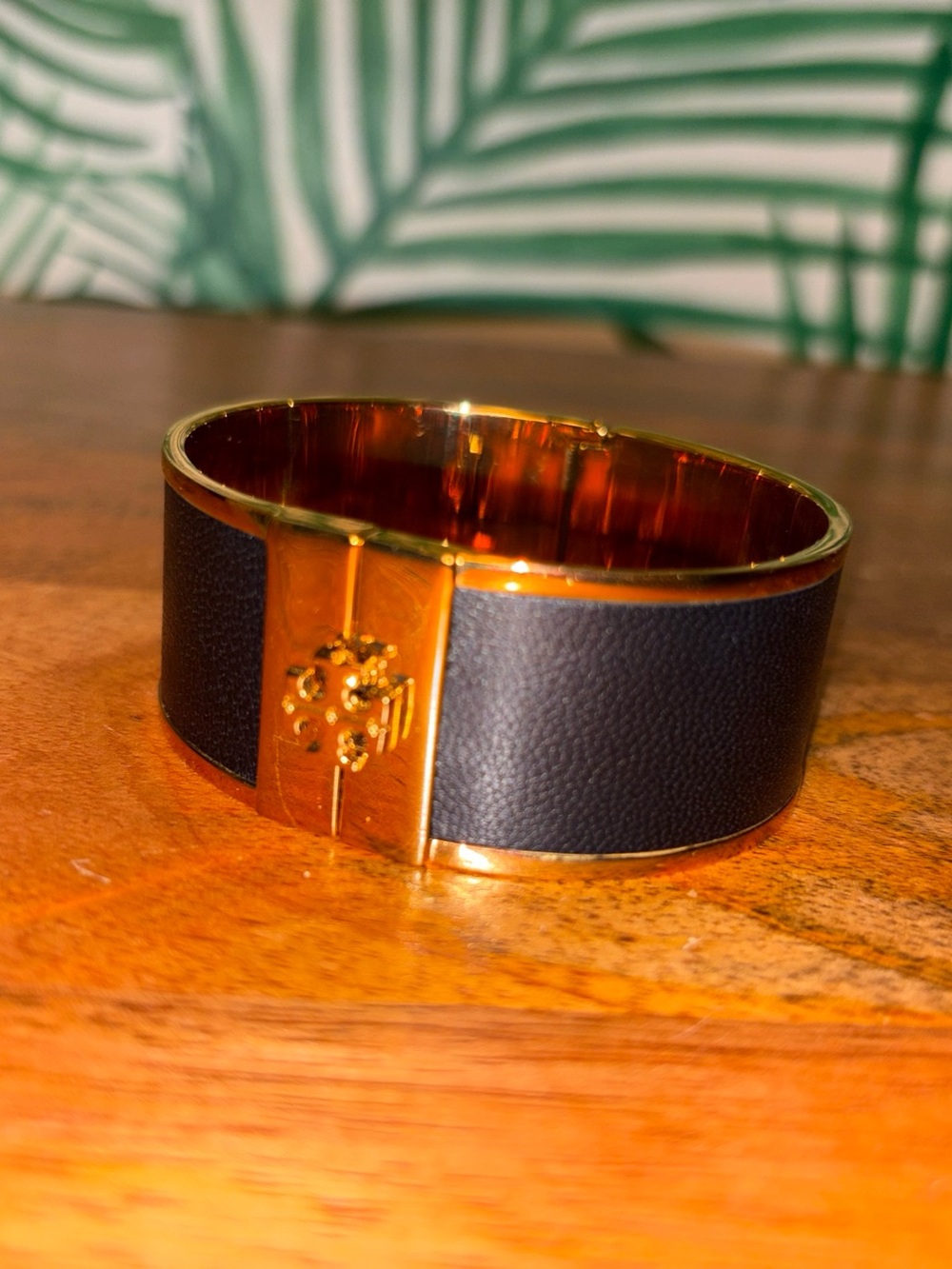 Tory Burch Black Leather Gold Tone Wide Hinge Cuff Bracelet